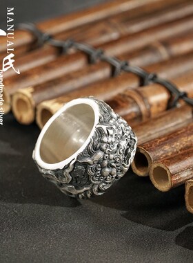 S999原创手工个性覆古潮u流男款戒指 麒麟扳指 古法做旧云南雪花