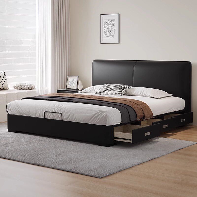 意式极简真皮床薄床头主卧床现代简约小户型储物P床1米8双人软包