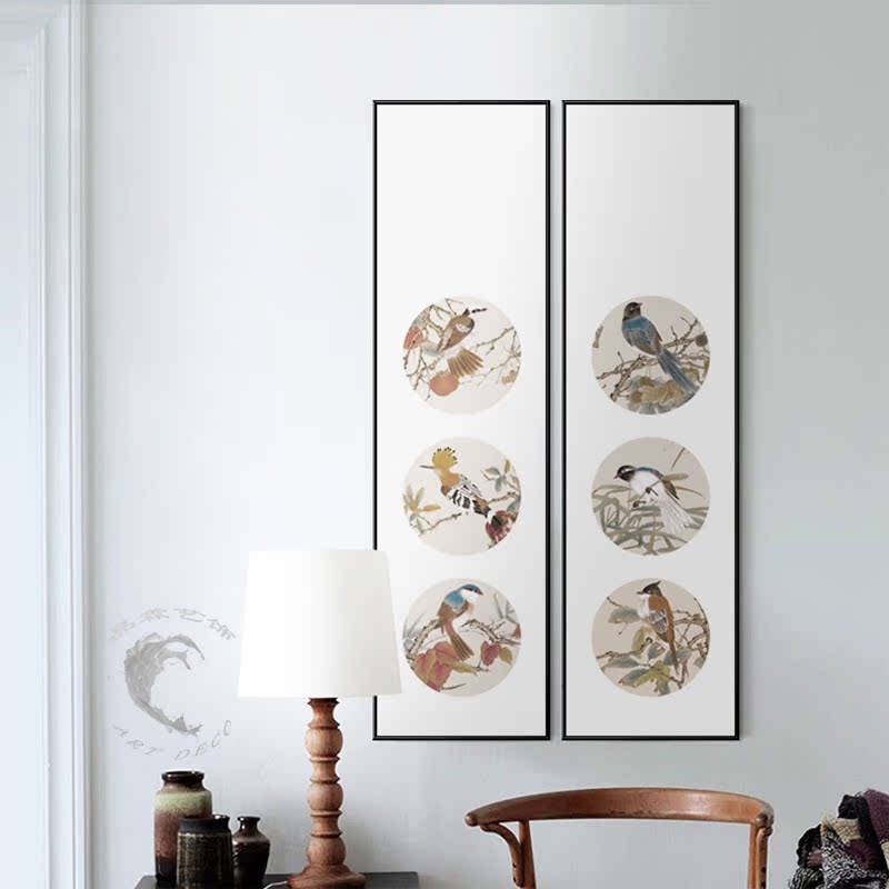 新中式花鸟装饰画客厅竖幅挂画圆形图案卧室书房玄关画酒店样板房图片