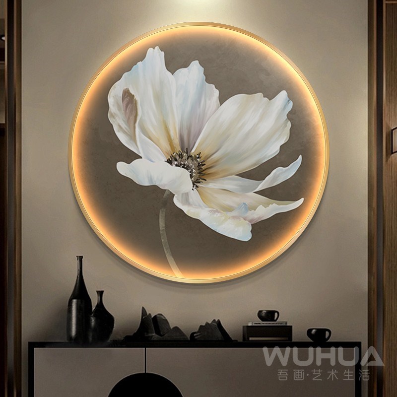 圆形玄关装饰画led灯现代简约客厅挂画轻奢高档入户走廊餐厅壁画图片