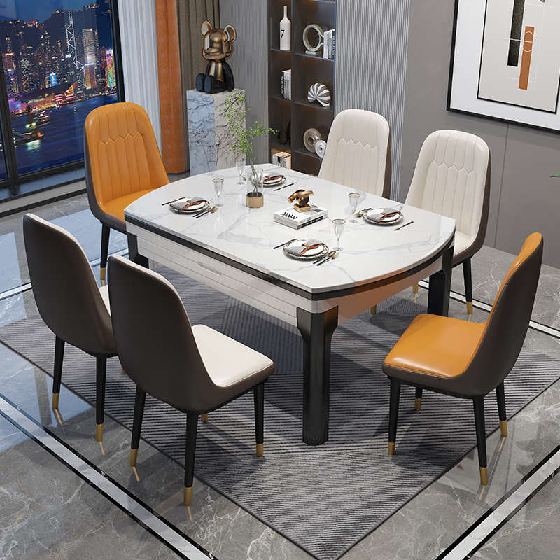 轻奢岩板餐桌椅组合现代简约意式可伸缩折叠家用小户型圆实木饭桌