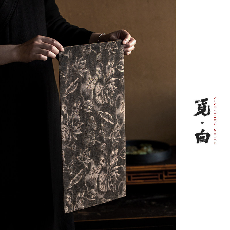 觅白老料香云纱茶席n复古侘寂风柞蚕丝桌旗泡茶垫双面茶道手工布