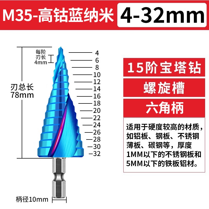 高性能蓝纳米含钴l宝塔型钻头高硬度铁板不锈钢304专用打孔钻头
