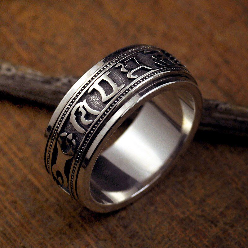 925银六字真言食指戒指女 复古泰银情侣饰品P个性霸气指环男可转