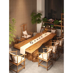 新中式实木茶桌自然边办公茶台功夫茶几泡茶原木大板桌茶桌椅组合