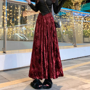 感复古红色金丝绒半身裙女秋冬遮胯垂感a字百褶伞裙大摆长裙