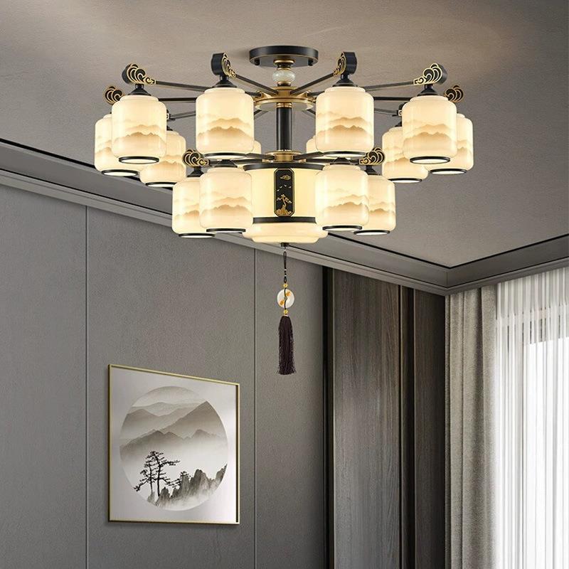 新中式吊灯客厅主灯国风卧室饭店餐厅家用山水2023新款低户型灯具