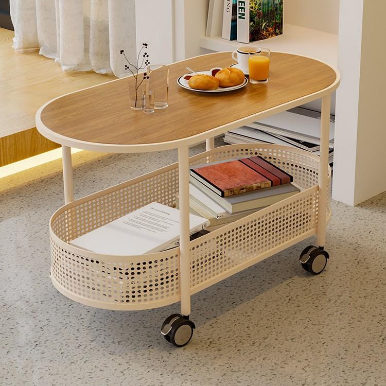 奶油风客厅岩板边几中古小推车沙发可移动小茶几简约现代玻璃角几