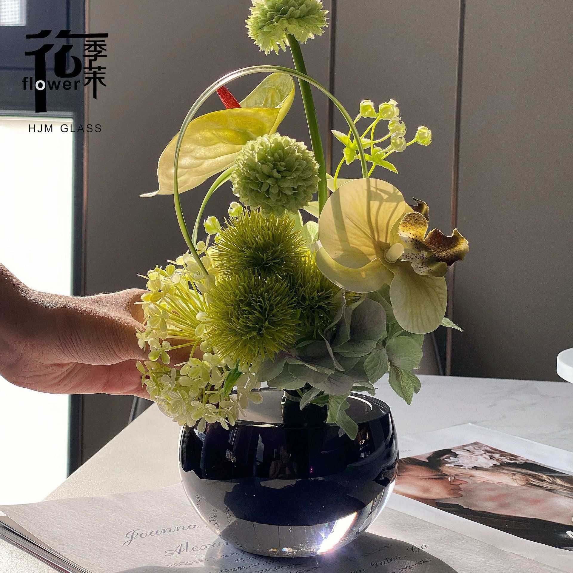 HJM-轻奢琉璃玻璃花瓶仿真花艺洽谈桌客厅茶几家居插花软装饰摆件