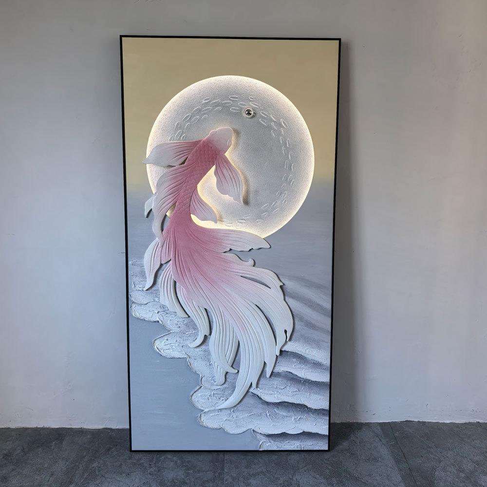 入户玄关装饰画金鱼立体浮雕挂画立体肌理丙烯油画led氛围灯光画