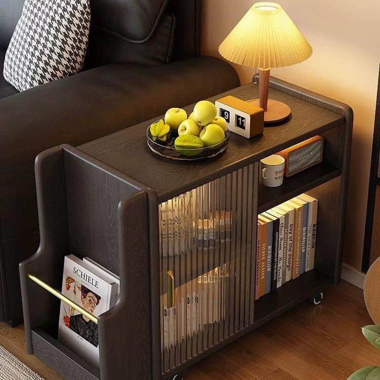 实木沙发边几小推车沙发边柜侧边柜客厅家用可移动中古风茶台黑色