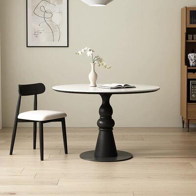 法式中古风实木圆形餐桌家用小户型复古饭桌阳台休闲桌岩板岩板桌