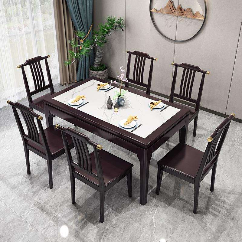 岩板餐桌可伸缩折叠新中式实木餐桌椅组合家用小户型圆桌子1.35米