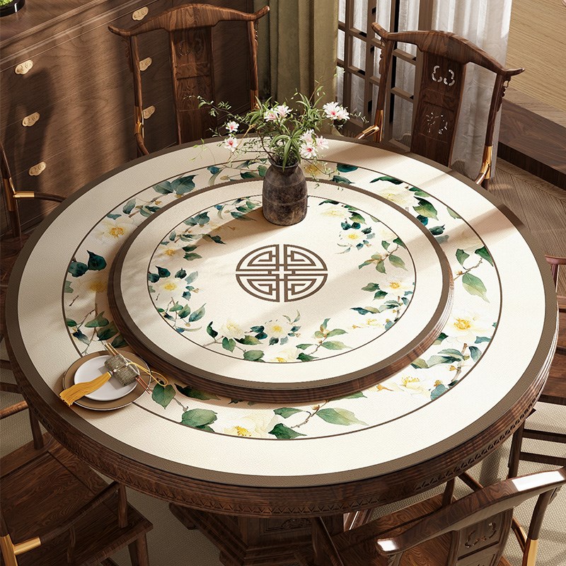 中式圆桌垫皮革双j层圆桌桌布免洗防水防油实木圆桌桌垫圆形餐桌