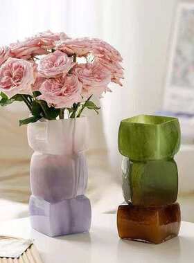 中古琉璃方口花瓶玻璃设计感水养鲜花几何绿色花器摆件小众高级感