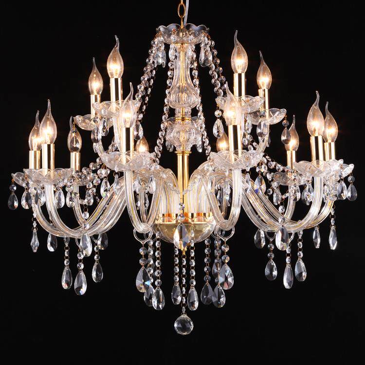 厂家10+5双层金色透明15头水晶吊灯蜡烛灯矮2层适合客厅餐厅