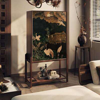 新中式古风仙鹤茶室玄关柜客厅储物柜靠墙实木复古创意收纳柜