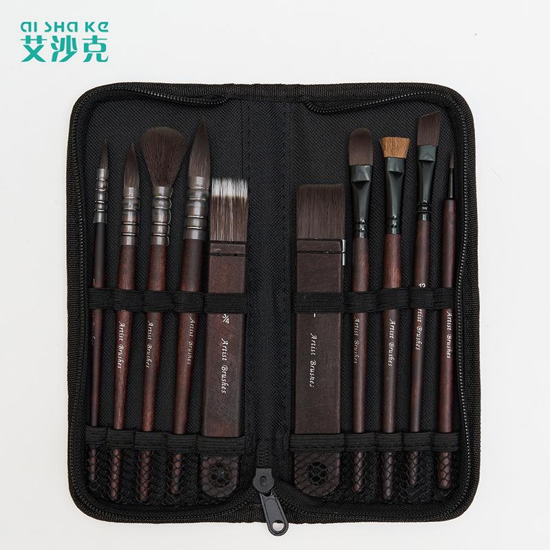 艾沙克10支尼龙毛水彩画笔套装仿松鼠毛油画笔丙烯画笔水粉画笔