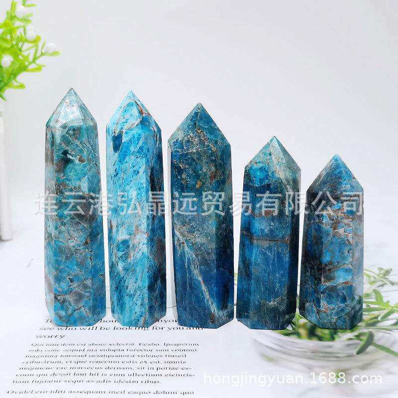 弘晶远水晶 厂家水晶柱蓝磷灰柱磷灰石单尖柱六棱柱原石打磨