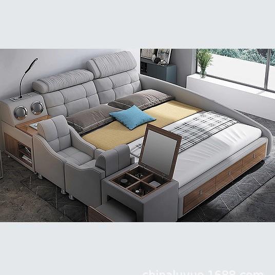 皮艺床现代简约榻榻米床主卧小凳子多功能智能储物梳妆台双人婚床