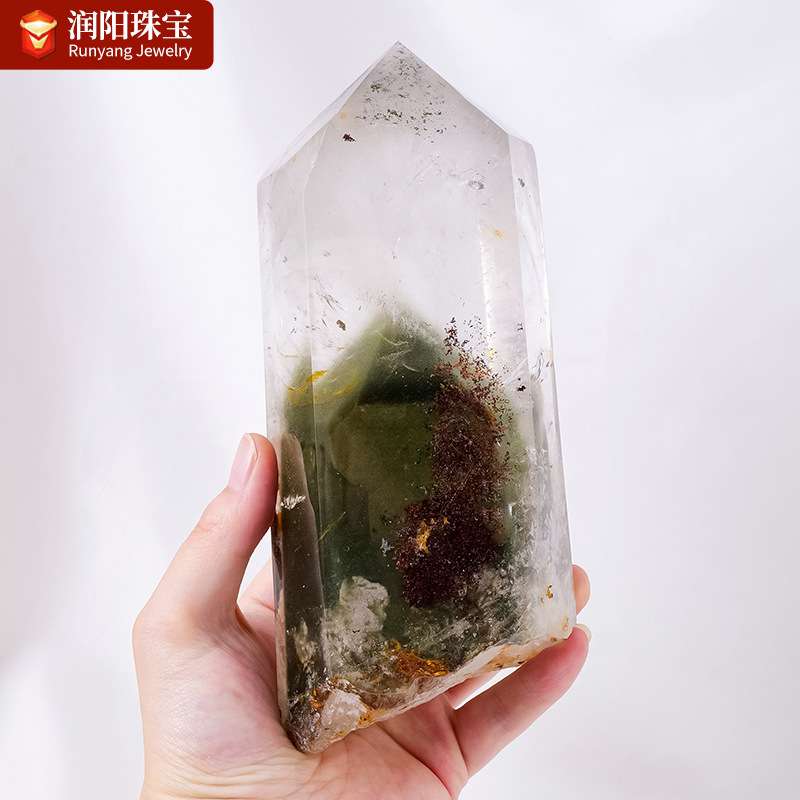 天然水晶绿幽灵单尖六棱柱原石矿标打磨消磁能量石柱家居装饰摆件