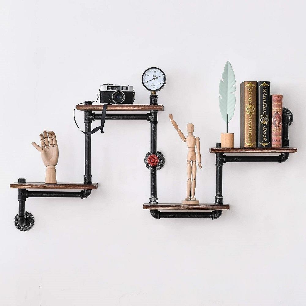 跨境temu工业漂浮管墙架4层梯子悬挂书架实木卧室办公室铁艺花架