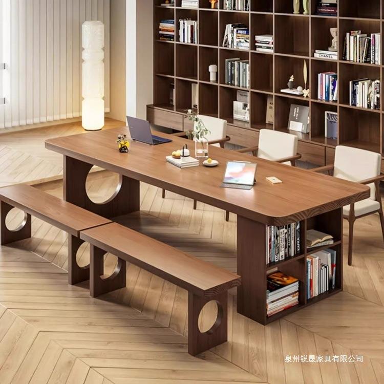 学生家用原木双人长条学习桌储物收纳全实木客厅书桌大桌面工作台