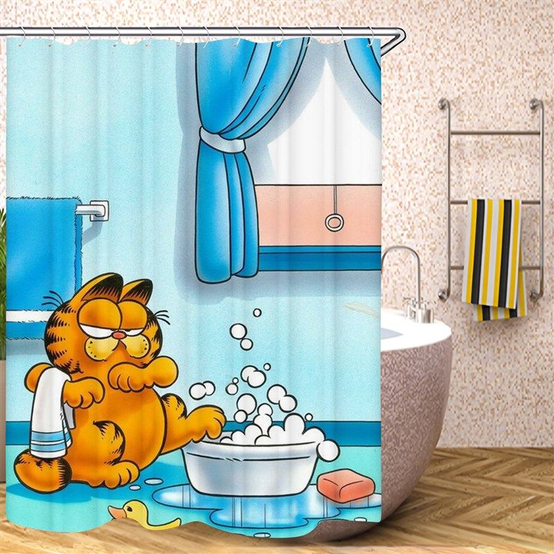 卡通加菲猫动漫防水加厚浴帘卫生间G淋浴隔断布帘窗帘免打孔挂帘