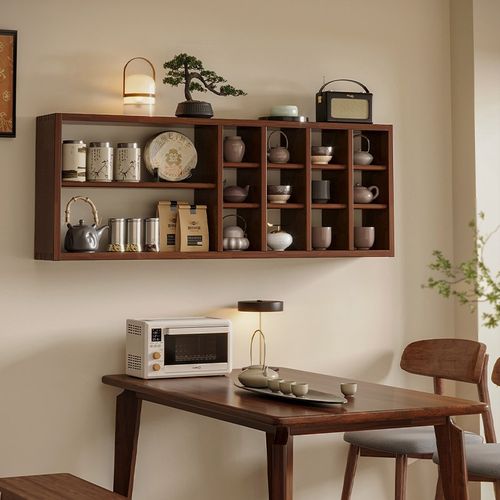 实木博古架墙面壁挂式置物架中式茶室氛围布置茶R杯装饰墙上多宝