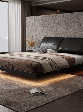 意式极简悬浮双人床大象r耳朵真皮床2025新款主卧黑色悬空储物婚