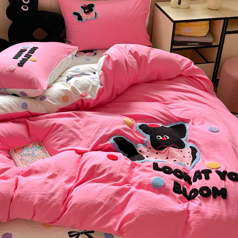 卡通可爱毛巾绣水洗棉床上四件套非纯全棉被套床单T宿舍三件套床