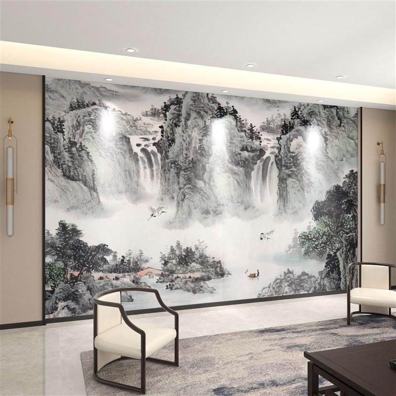 墙纸定制新中式电k视背景墙壁纸8d立体国画山水壁画客厅墙布背景
