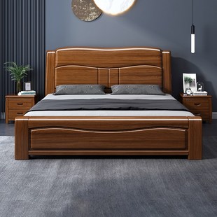 全实木燕尾榫满铺床1.8m硬靠胡z桃木单双人床中式 主卧室1.5米大床
