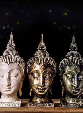 创意新中式禅意佛头摆件泰式玄关电视柜办公室SPA会所刺青装饰品