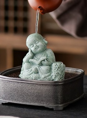 新中式禅意勤学小和尚茶宠摆件花盆鱼缸盆景微景观造景摆设装饰品