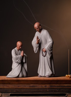 中式紫砂小和尚摆件禅意家居佛系小沙弥办公室桌面陶瓷装饰品摆设