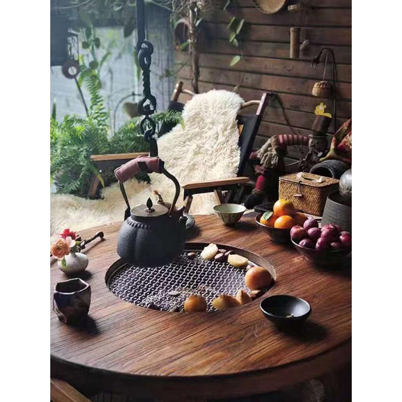 老榆木茶桌围炉煮茶冰茶全套实木茶桌组合圆形煮茶火锅桌阳台家用