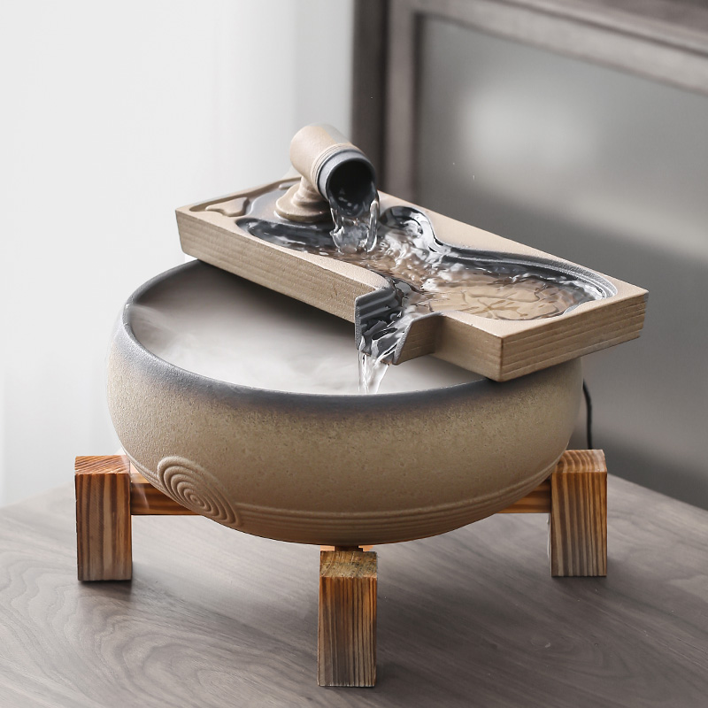 石磨流水摆件客厅桌面雾化加湿器喷泉循环水车办公室茶桌招财装饰