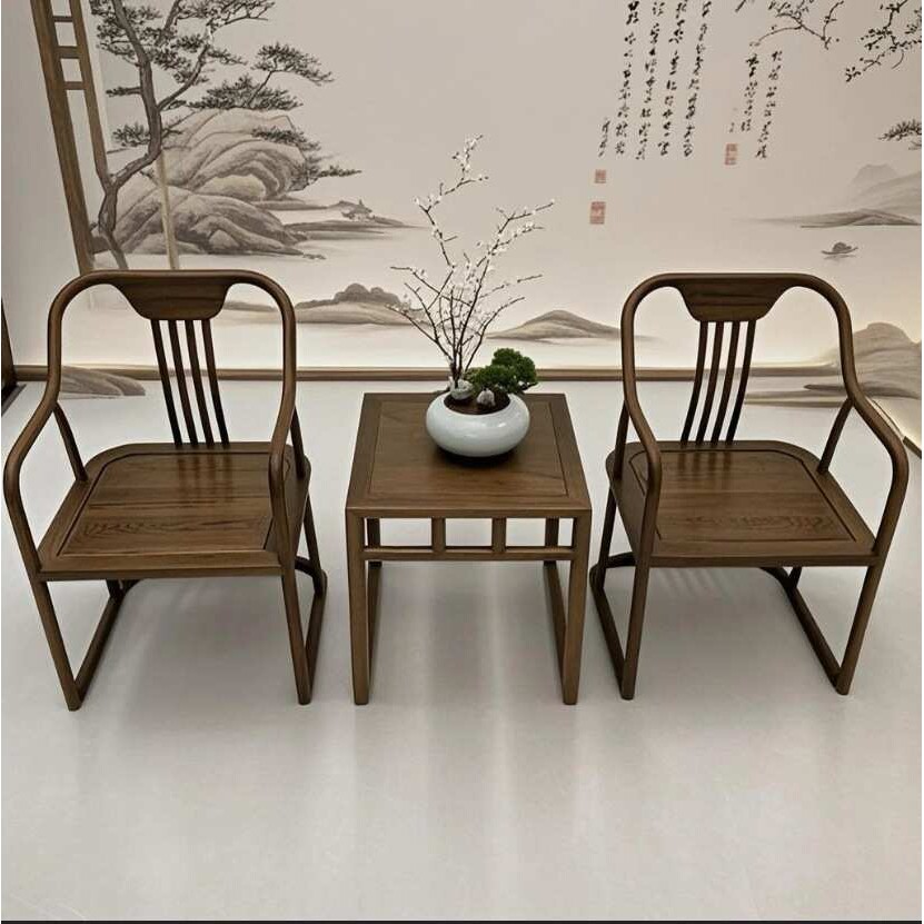 现货新中式白蜡木茶室禅意空间酒店客厅休闲桌椅三件套围椅工厂