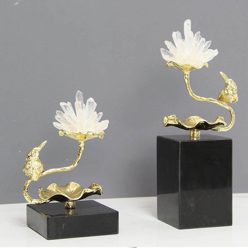 现代新中式金色天然水晶花摆件客厅酒柜电视柜书柜高级感装饰品
