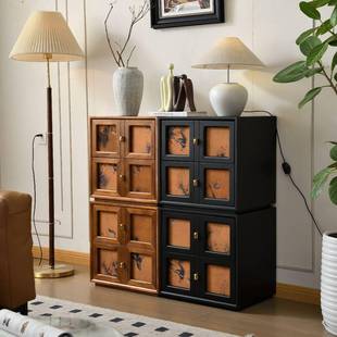 客厅餐边柜卧室储物收纳卡门柜法式 中古风黑色复古香云纱实木斗柜