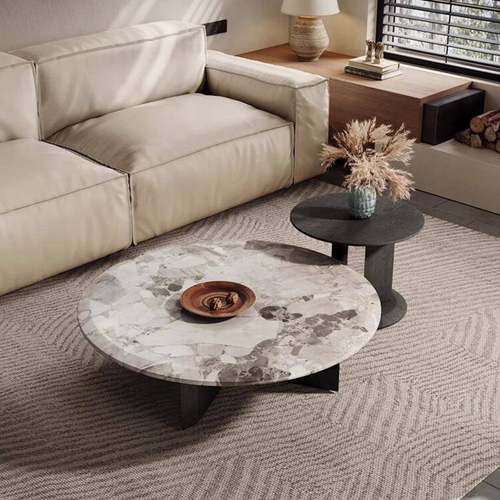 意式极简大理石茶几组合设计师高级感艺术圆形茶台客厅家用侘寂风