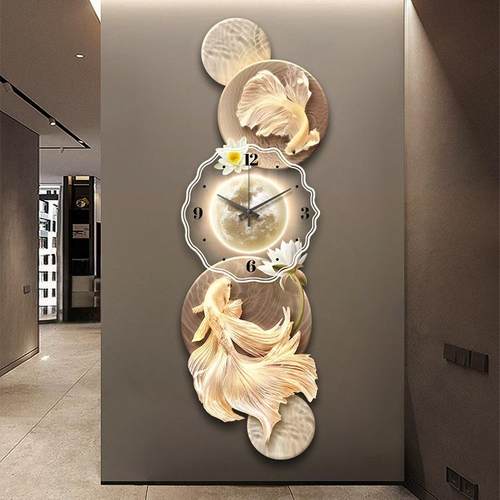 现代简约带钟表挂墙入户玄关装饰画锦鲤创意时钟挂钟走廊过道挂画
