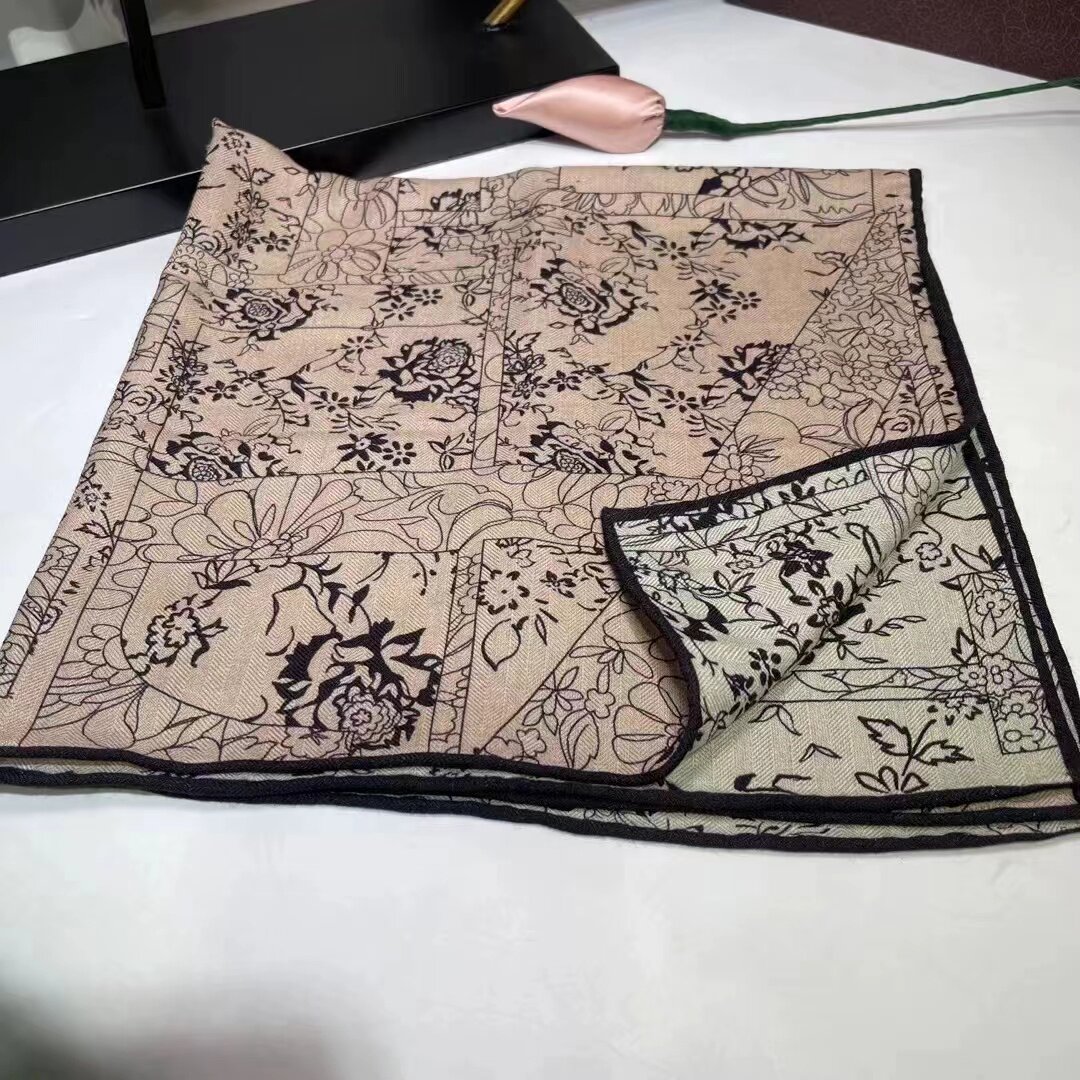 桑蚕丝羊毛【粉色花卉】60丝毛方巾双面时尚女士气质丝巾K623