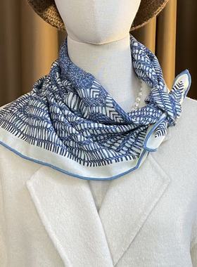 桑蚕丝羊毛【蔚蓝编织】60丝毛方巾双面印花手工卷边丝巾K358