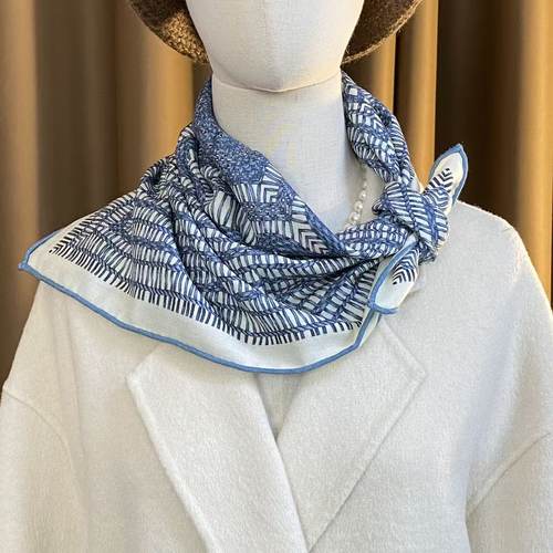 桑蚕丝羊毛【蔚蓝编织】60丝毛方巾双面印花手工卷边丝巾K358