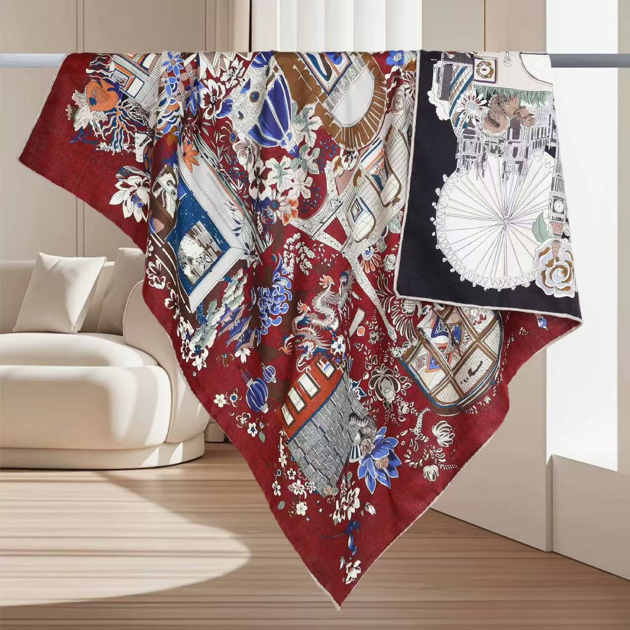 羊毛桑蚕丝【屋顶花园】86丝毛方巾双面异色手工卷边围巾Q751