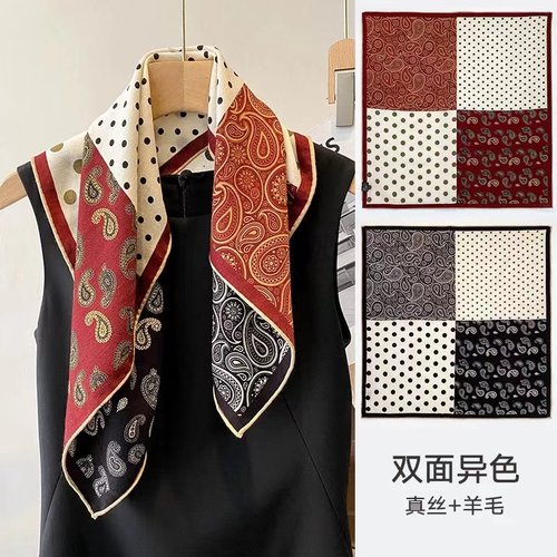 桑蚕丝羊毛双面印花手工卷边方巾