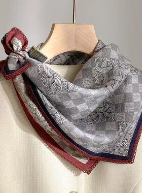 桑蚕丝羊毛【花边棋盘格】60丝毛方巾双面印花边丝巾K337