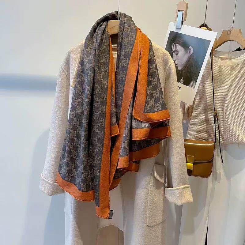 桑蚕丝羊毛【凯旋老花】130丝毛大方巾单面秋冬围巾披肩N726